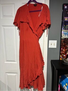 BloomChic Rust-Orange Wrap Midi Dress